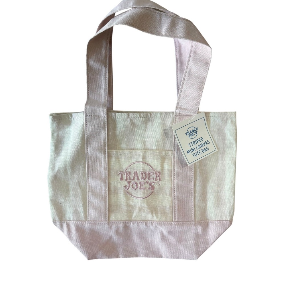 Trader Joe's Mini Pastel Stripe and Solids Canvas Tote Bag Limited Edition PINK